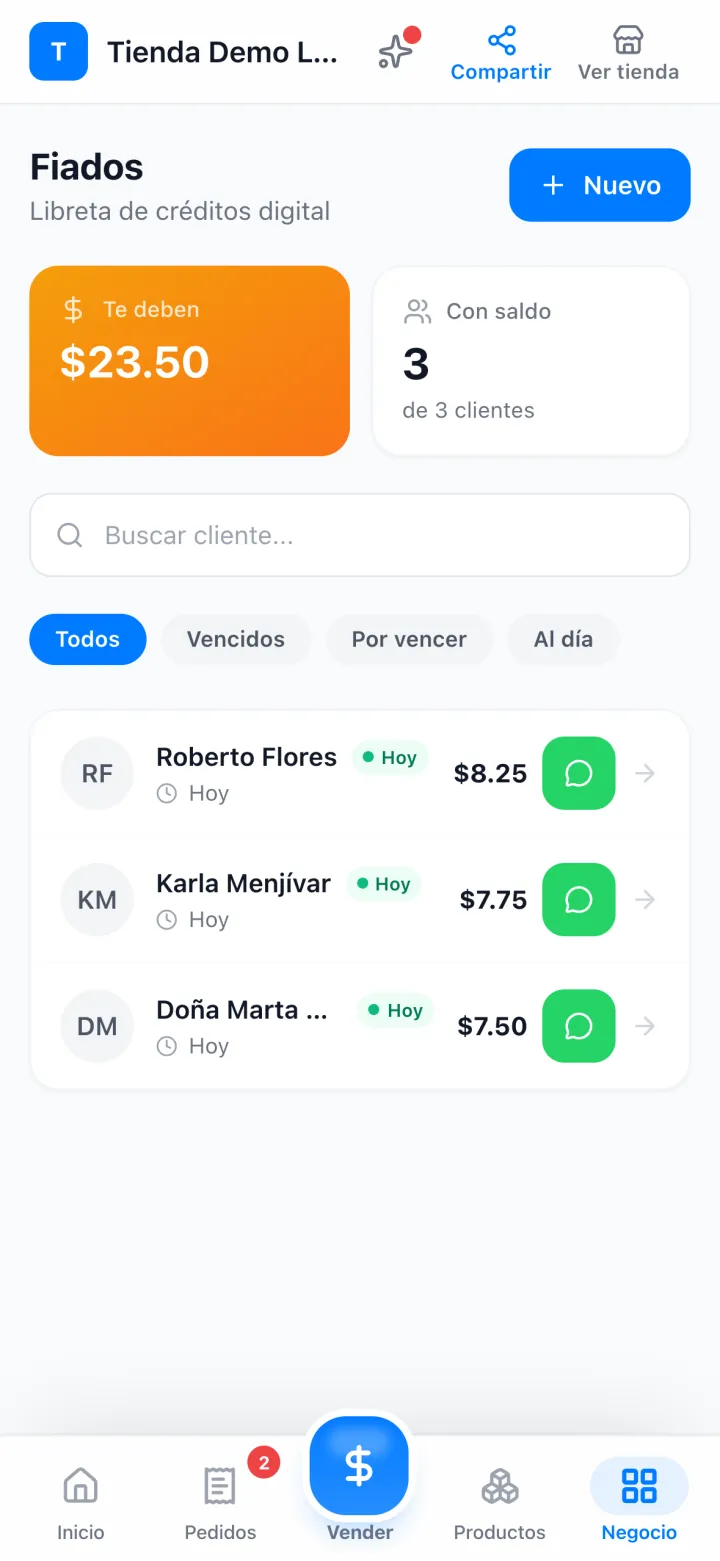 Lista de fiados con cuánto te deben y botón de WhatsApp para recordar