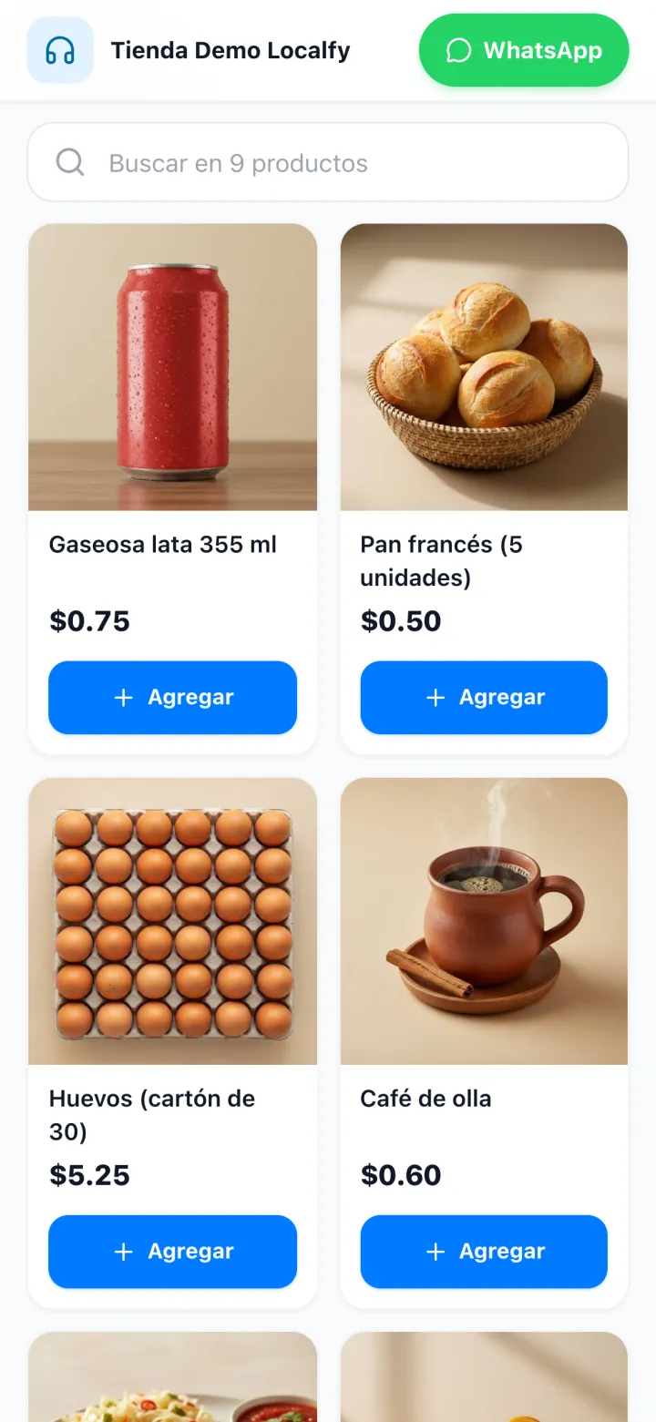 Productos de la tienda de ejemplo con foto, precio y botón Agregar